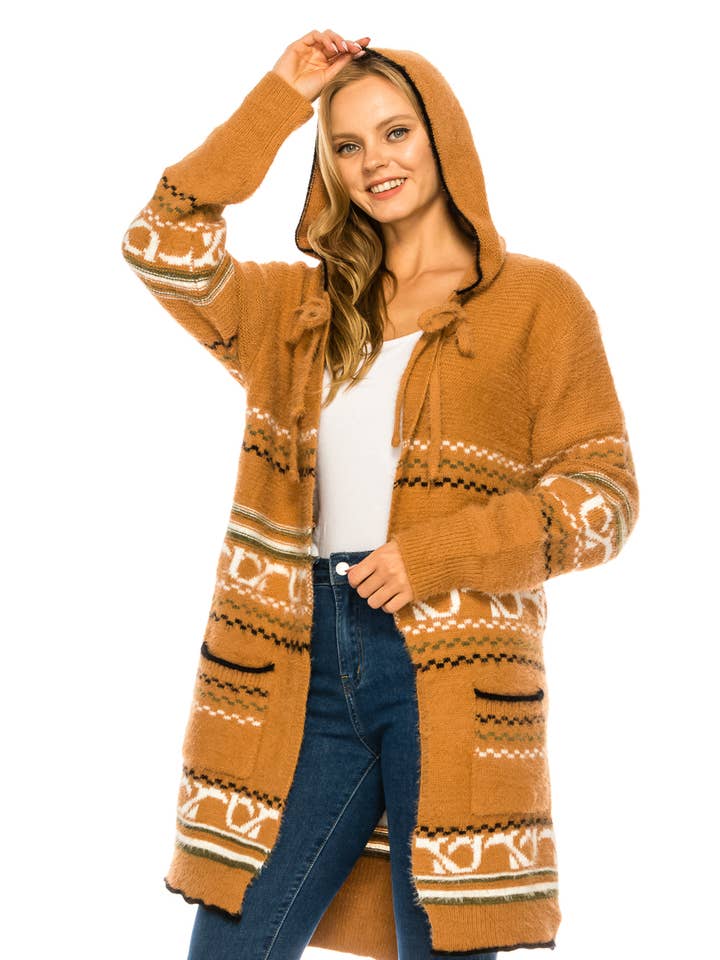 OUG81321 Suéter de punto largo con capucha y rayas tribales para venta al por mayor de Oceanus Apparel