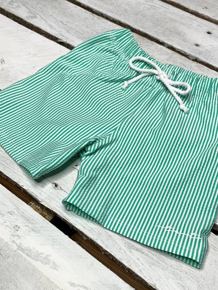Seafoam Seersucker Swim Shorts for wholesale by Tidewater Tots