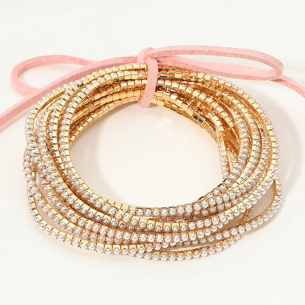 Sensibling Corp. - Wholesale Jewelry Set - 12PCS - Ribbon Pearl Rhinestone Layered Stretch Bracelets0