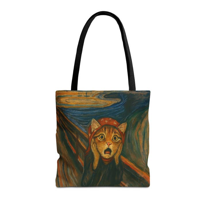 Babushka Cat-Black Cat Art Parody -The Scream-Tote Bag for wholesale by Babushka Cat