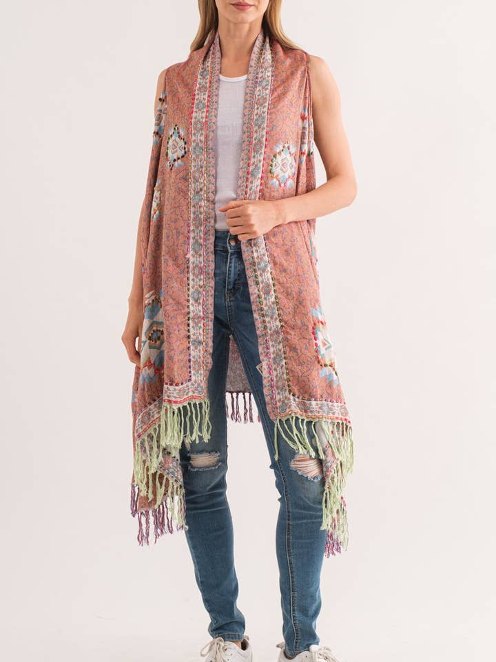 Amber Thick Stitch Embroidered Vest - Coral Rose for wholesale by Raj Trading & Imports (USA) Inc.