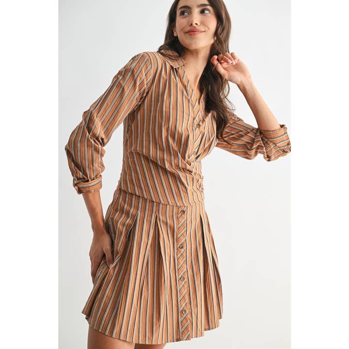 BROWN NAVY STRIPE STRIPED COLLARED SHIRT DRESS for wholesale on Faire7