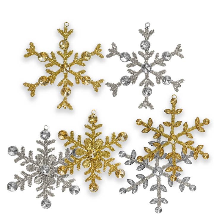 India Handicrafts Inc - Wholesale Ornament Set - Gold & Silver Snow Flake Asst.6