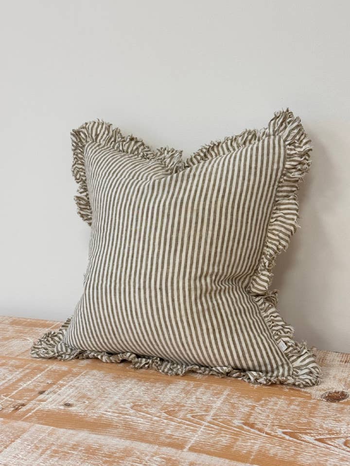 Hallie Ruffled Linen Cushion Cover – Olive Stripe for wholesale by Ellenvale Trade