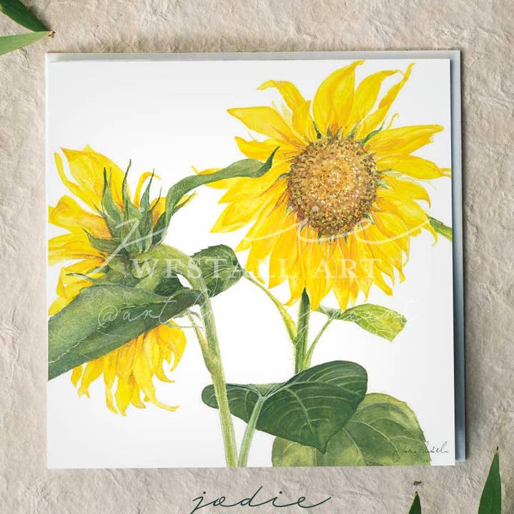 Sunflower Stem - 'Joy' - Artist Greeting Card for wholesale by Jodie Westall Art