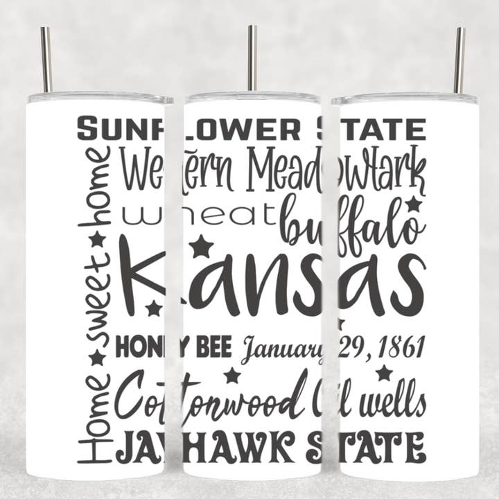 Kansas Square Word Collage Souvenir Tumbler for wholesale by The Geek Boutique