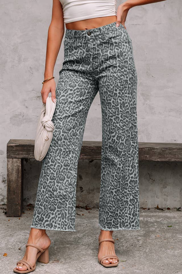 fashionworks - Wholesale Jeans - Women's - Western Leopard Frayed Edge Wide Leg High Waist Jeans*4-164