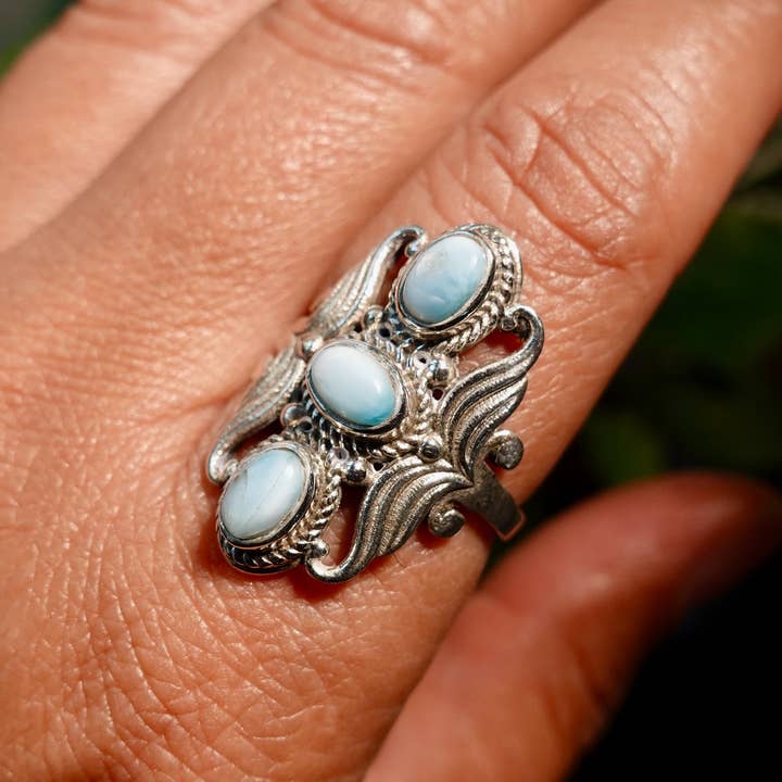 Mistry Gems – Großhandel Cocktail-/Statement-Ring – Boho Langer Larimar-Ring | 925 Sterlingsilber, R27L2