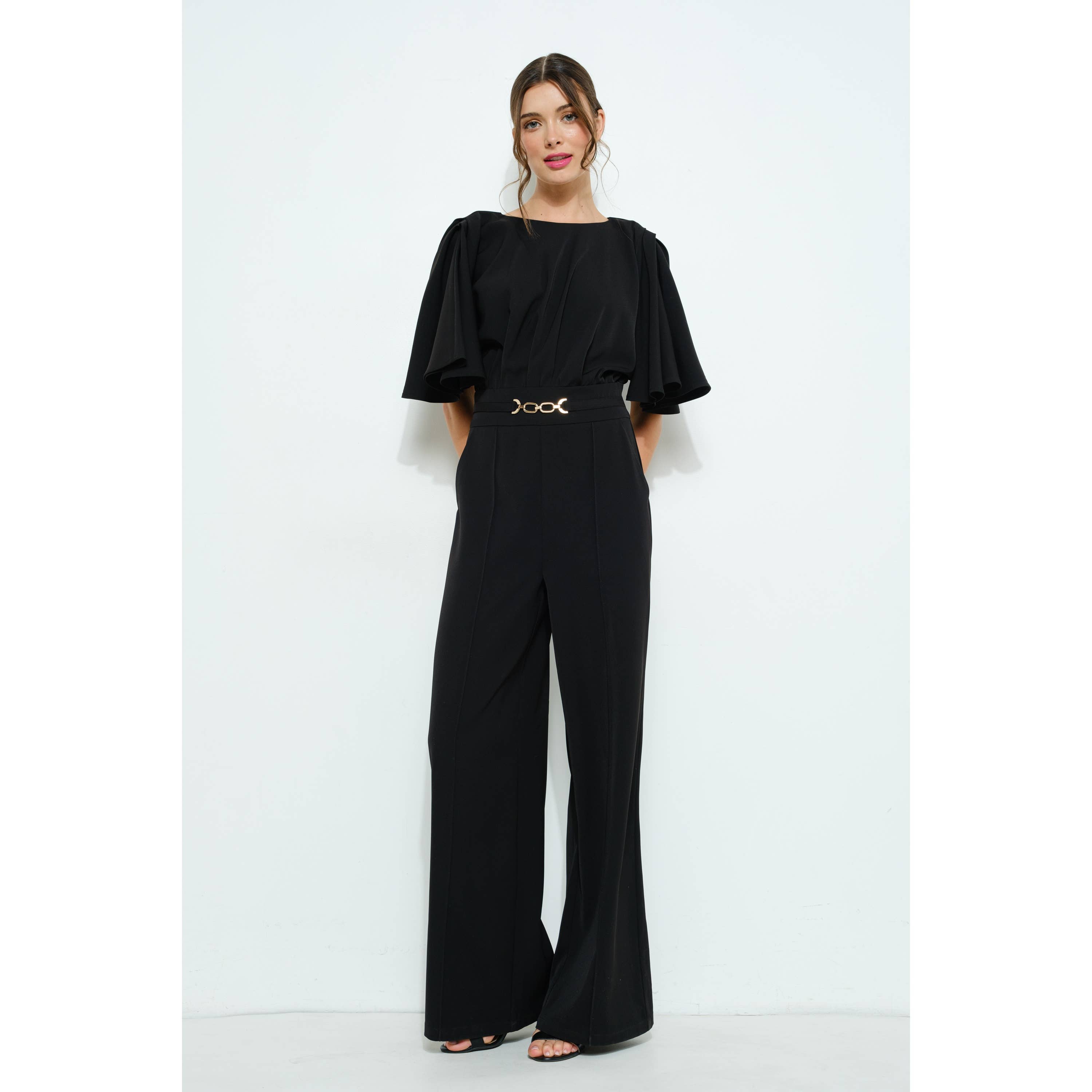 INA - Wholesale Romper - Women's - Flutter Kimino Sleeve Buckle Detail Wide Jumpsuit1