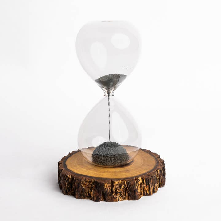 Blackswan Hourglass – wholesale Decorative tabletop object – Magnetic Sand Timer with Live Edge Walnut Base
