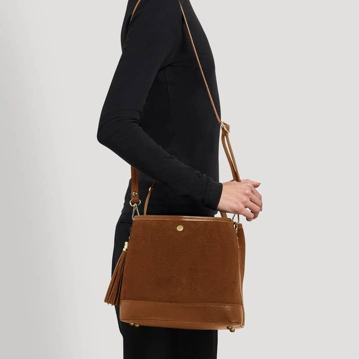 Prestige Milano - Wholesale Top handle bag – women's - Kendy Bag in Tan Suede and Dollar Leather6