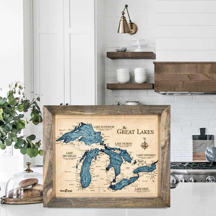 Carte Murale Nautique en Bois 3D des Grands Lacs - 2 Niveaux pour la vente par Sea & Soul Nautical Chart Art