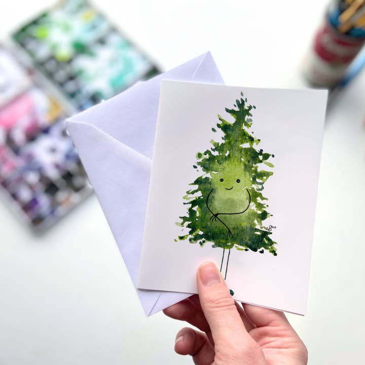 Baum-Kiefer-Grußkarte – Minimalistische Natur-Papeterie für den Großhandel von Owlfeathers Watercolor
