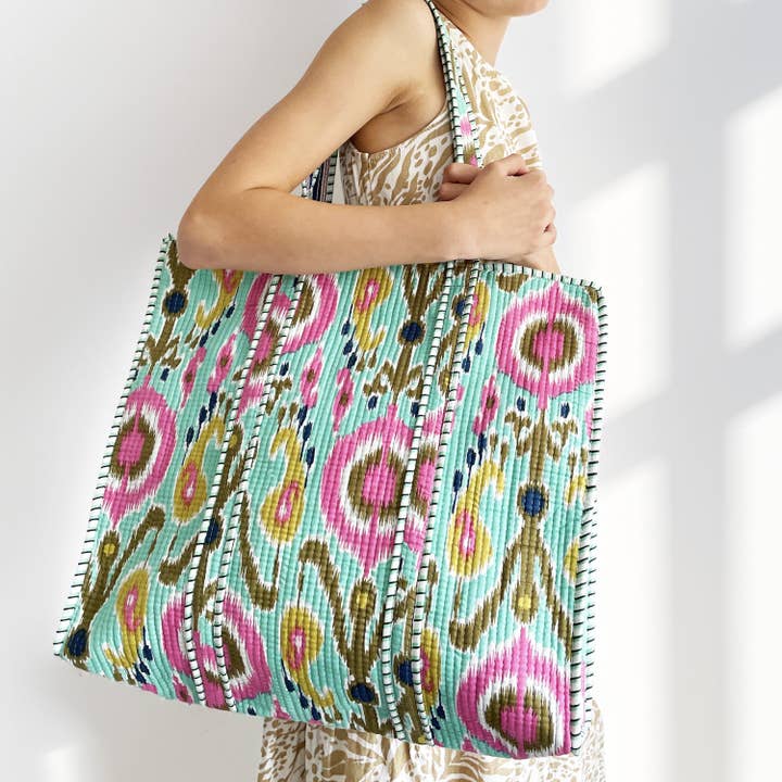 Mint Ikat Design Large Quilted Cotton Shoulder Bag for wholesale by Hayley & Co