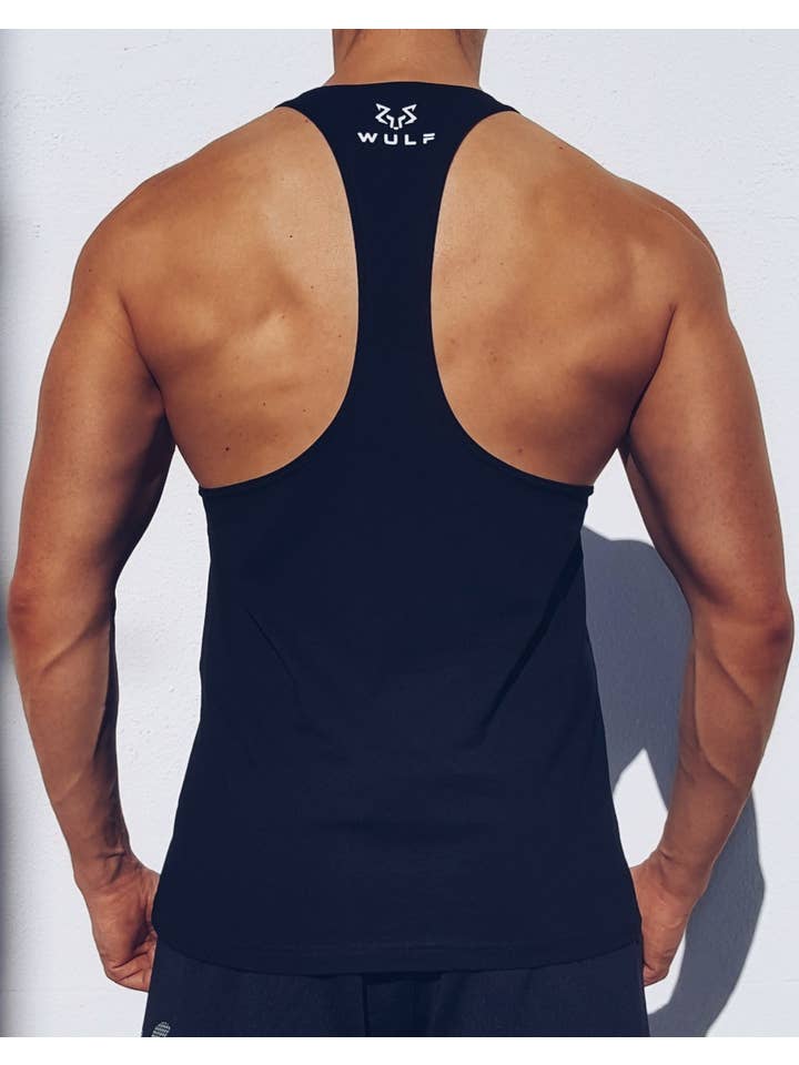 Wulf - Wholesale Tank Top - Men's - Racerback Mens Plain Black Gym Vest Stringer1