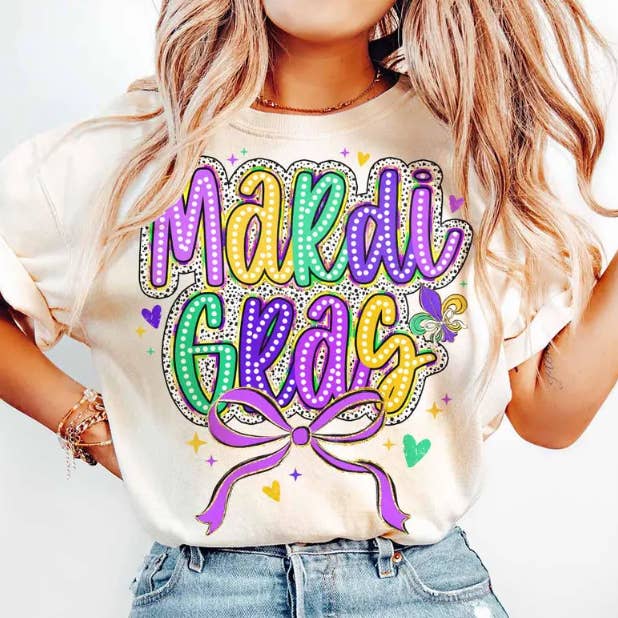 Mardi Gras Coquette Bow Shirt for wholesale by Southern Backroad Tees LLC