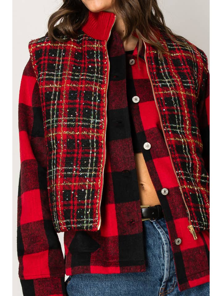 Red combo Holiday shine padding vest for wholesale on Faire