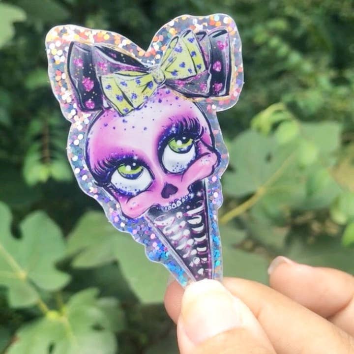 Holo Glitter: Skull Cone Die Cut Sticker for wholesale by A Little Spark