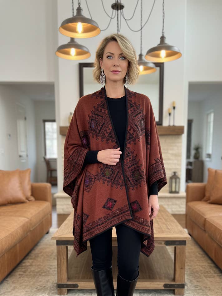 RN-MMRR-60 Artisan Geometry – Reversible Alpaca Cape for wholesale by PERUVIAN PERFECTION