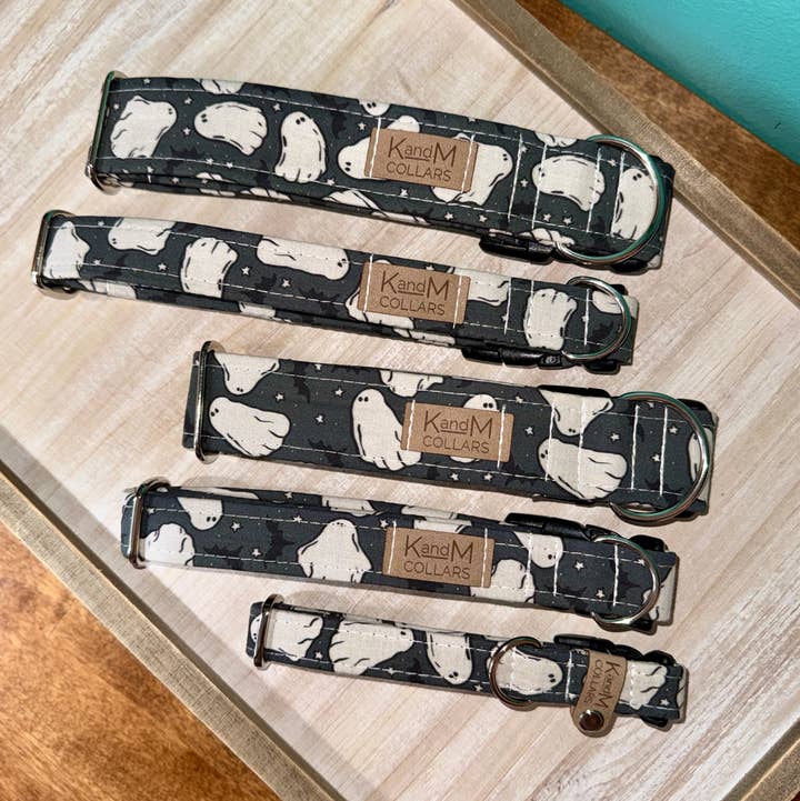 K and M Collars - Wholesale Pet Collar - Dog - White Ghosts on Black Halloween Dog Collar, Spooky, Fall