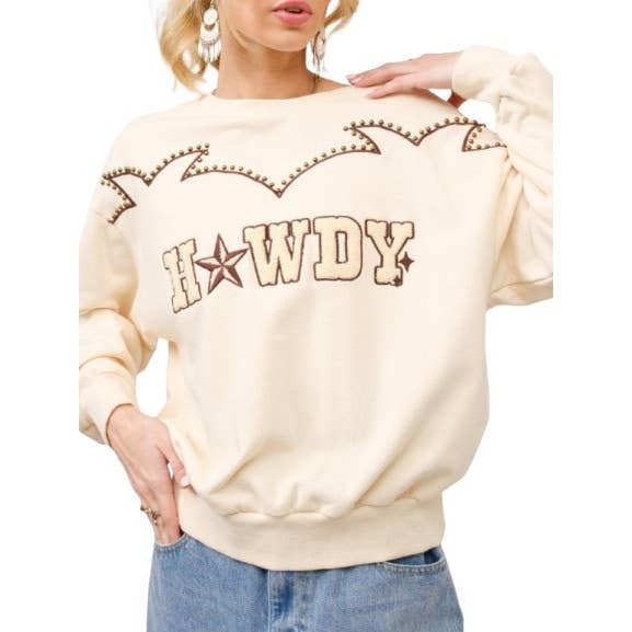 Howdy Studded Yoke Embroidered Sweatshirt with Western Detai for wholesale by Blue Bunny Inc