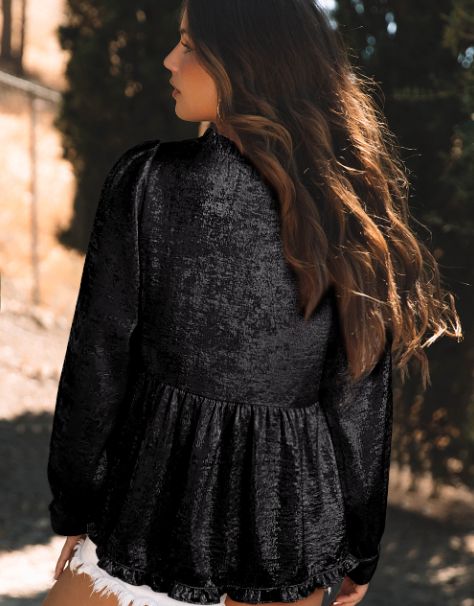 Lovesoft – wholesale Blus - Dam – Guld Metallic Volangerad V-ringad puffärm Babydoll-blus7