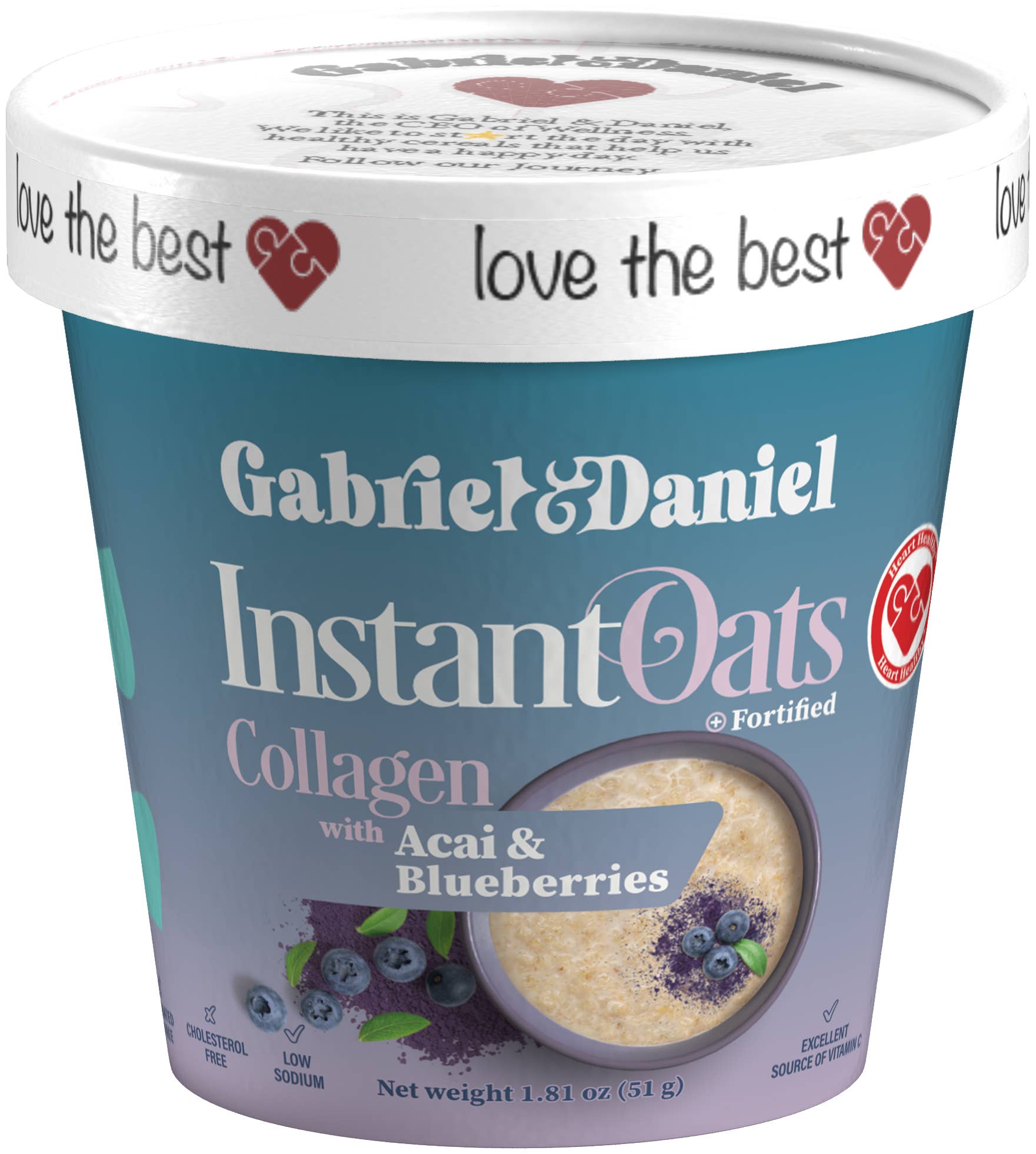 Gabriel & Daniel Wellness Oatmeals - Wholesale Oats - Organic SS Instant Oatmeal Cup- Acai & Blueberries - 24 pack
