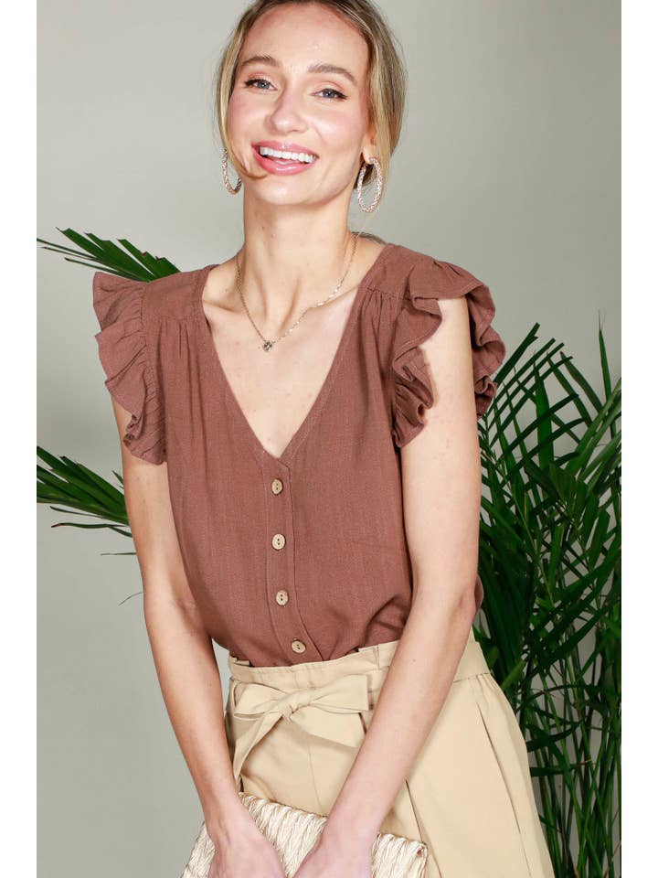 Vine & Love - Wholesale Blouse - Women's - V-Neck Sleeveless Ruffle Detail Cotton Linen Top VT81688