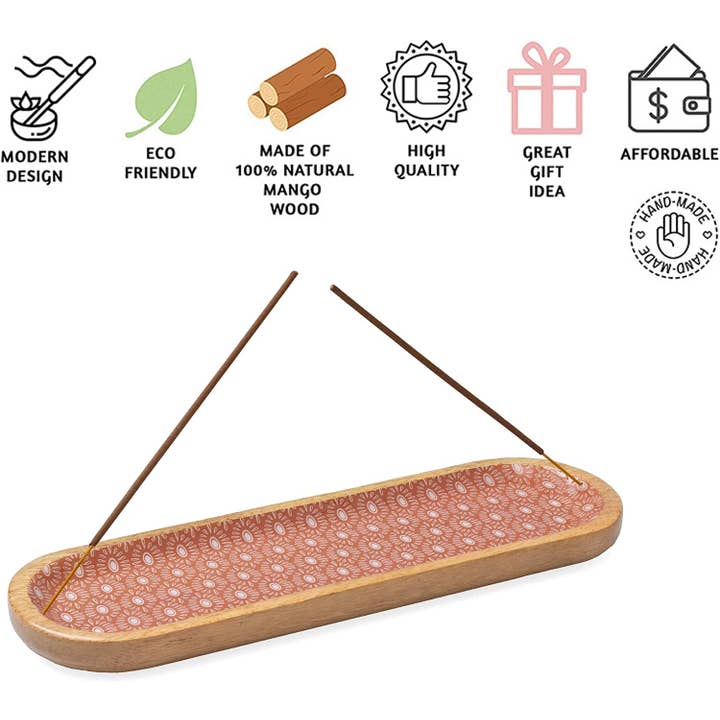 Folkhomes Global Inc - Wholesale Incense Holder - Printed Wooden Incense Tray or 12" Incense Holder (Coral)