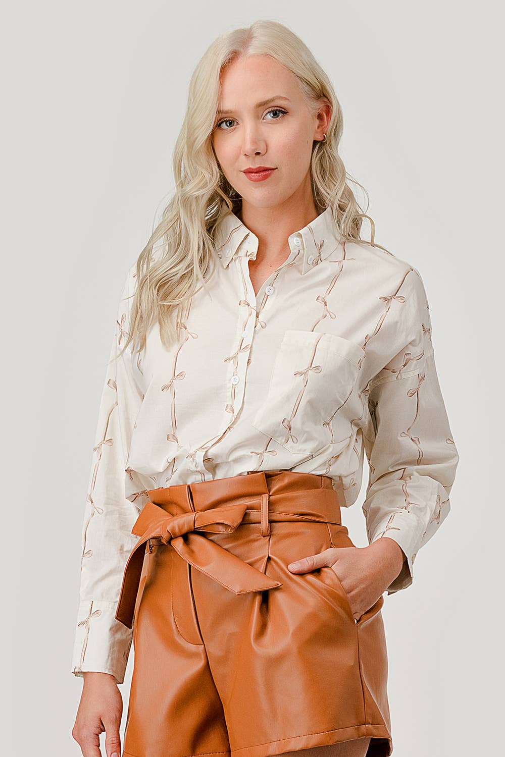 GeeGee x Lovelo - Wholesale Button Down Shirt - Women's - Ribbon Stripe Pattern Button-Up Shirt, OT5091826