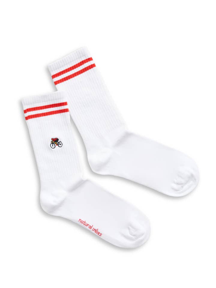 Natural Vibes - Wholesale Socks - Unisex - Bicycle Socks - Organic White Crew Socks with Cyclist