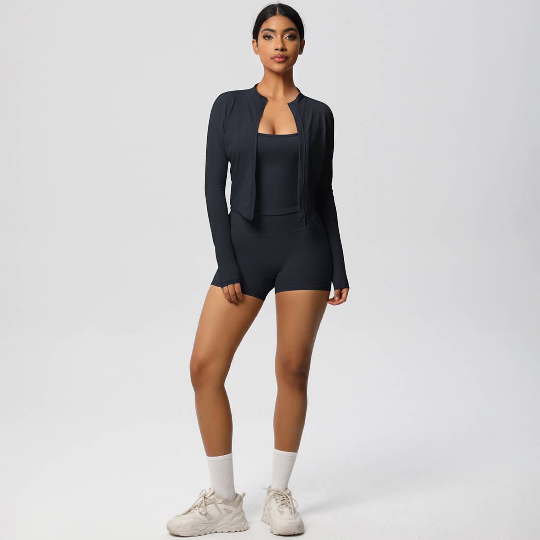 Sodalemon – Conjunto de desporto – Mulher por atacado – Conjunto feminino de yoga justo: top esportivo com interior escovado, jaqueta com zíper e shorts2