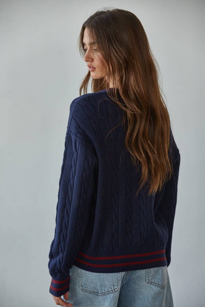 Navy W2136T2 | Knit Cable Sweater V-Neck Long Sleeve Pullover Top for wholesale on Faire5