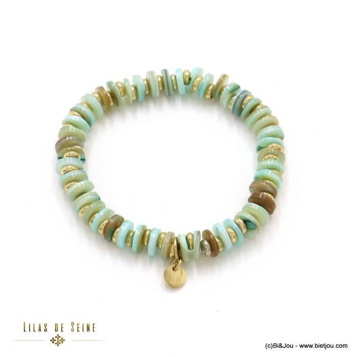 Lilas de Seine – Engroshandel Perlearmbånd – Elastisk beach surfer-armbånd med farvede naturlige perlemorringe og rustfrit stål 02221332