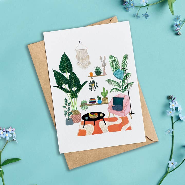 House Plants and Cat Living Room Scene Painted Card 5x7" for wholesale by Lara Oztekin Designs