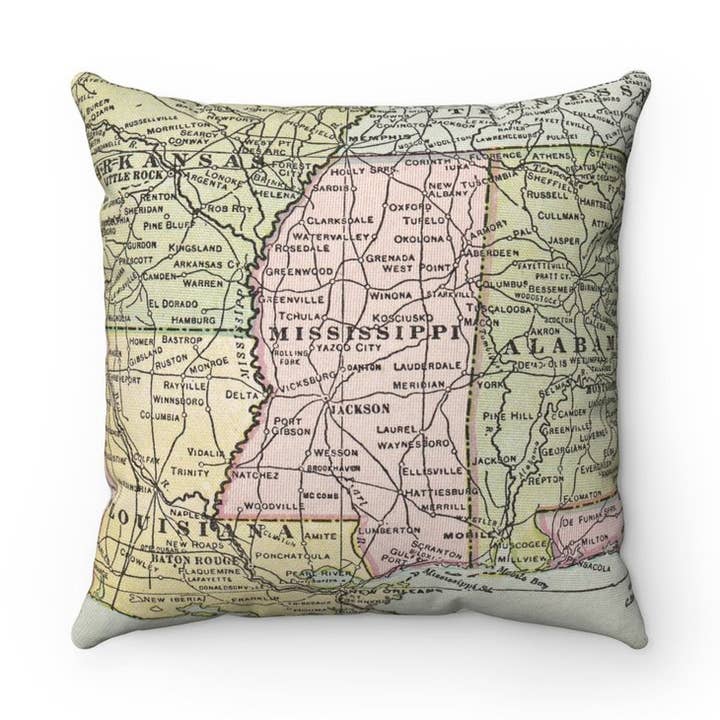 Coussin Carte du Mississippi – Coussin Carré 18" pour la vente par Daisy Mae Designs