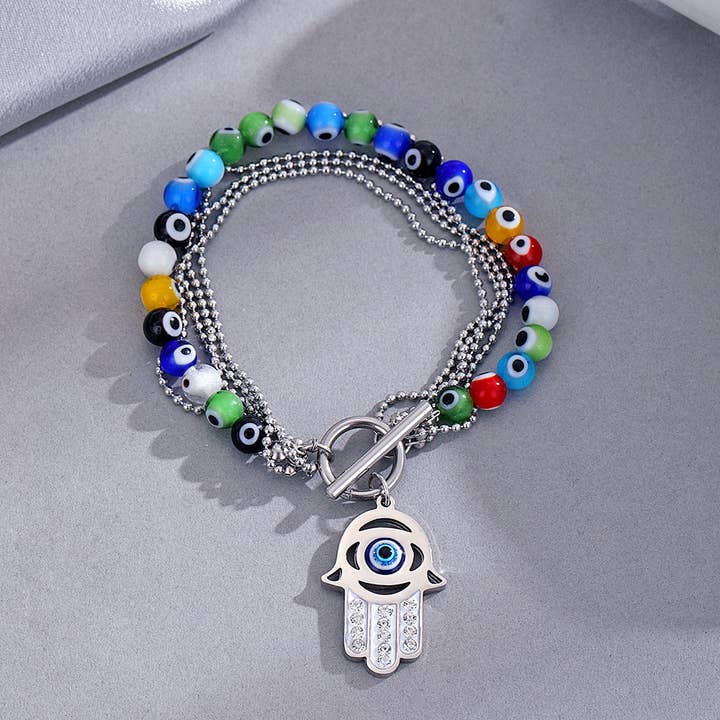 Bead Strand Bracelet Steel Evil Eye Charm Layered S5P105 for wholesale by alberalkirk