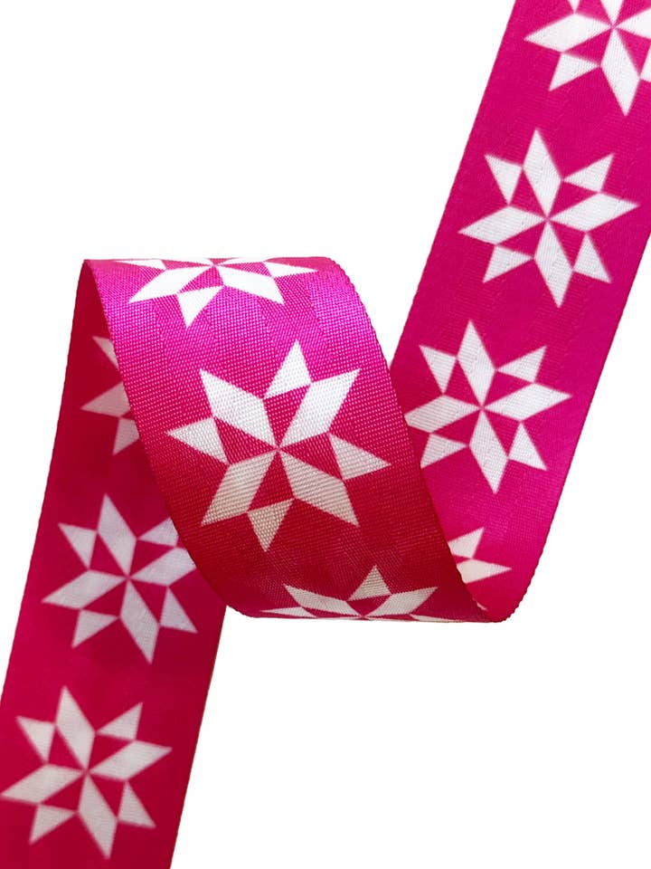 Stelle a Zigzag Rosa - Rotolo di Cinghia con Manico da 2 pollici, 12 iarde per la vendita all'ingrosso da parte di Sassafras Lane Designs