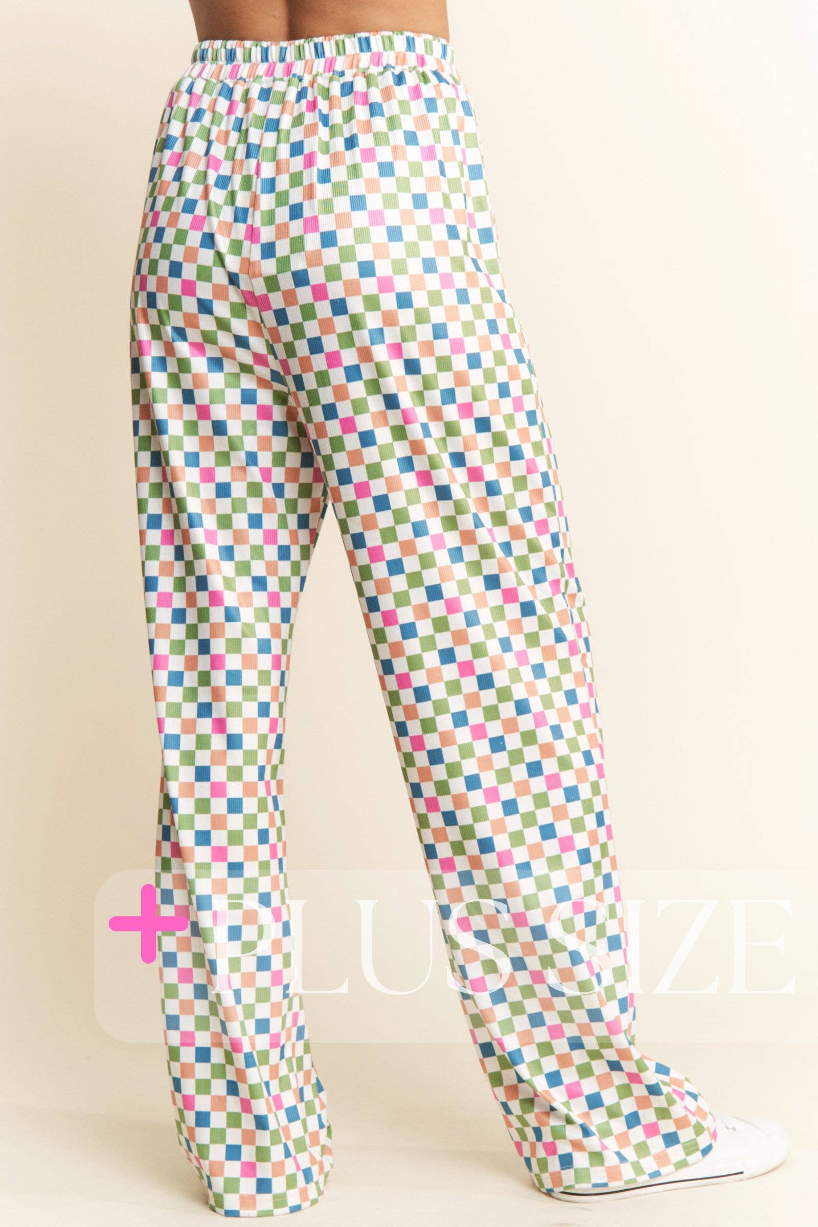 Green Multi PLUS SIZE ~ Retro Checkered Print Full Length Pants for wholesale on Faire5