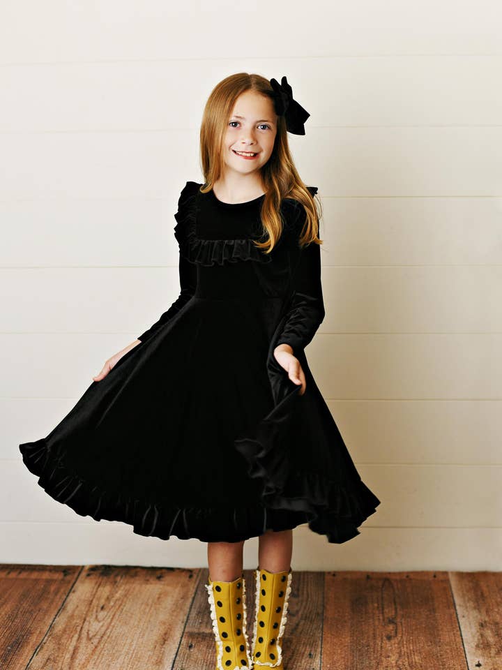 Kids Black Velvet Ruffle Fancy Winter Christmas Party Dress for wholesale by Adorable Sweetness