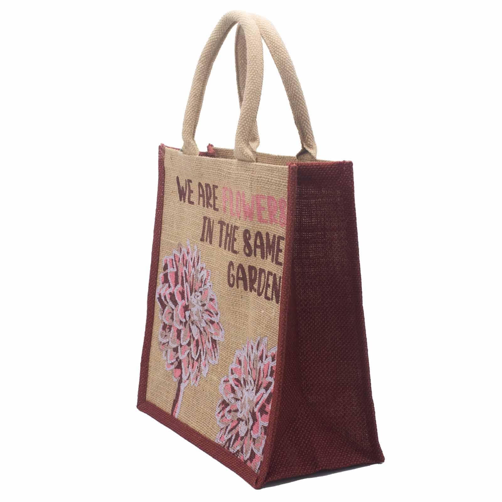 Ancient Wisdom - Wholesale Grocery/Shopping Bag - Printed Jute Shopping Bag in Olive and Pink2