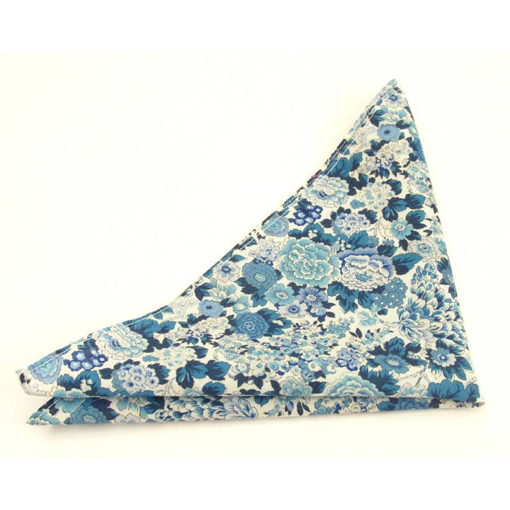 Elysian Day Blue Cotton Pocket Square Made with Liberty Fabric for wholesale by Cecil Jones