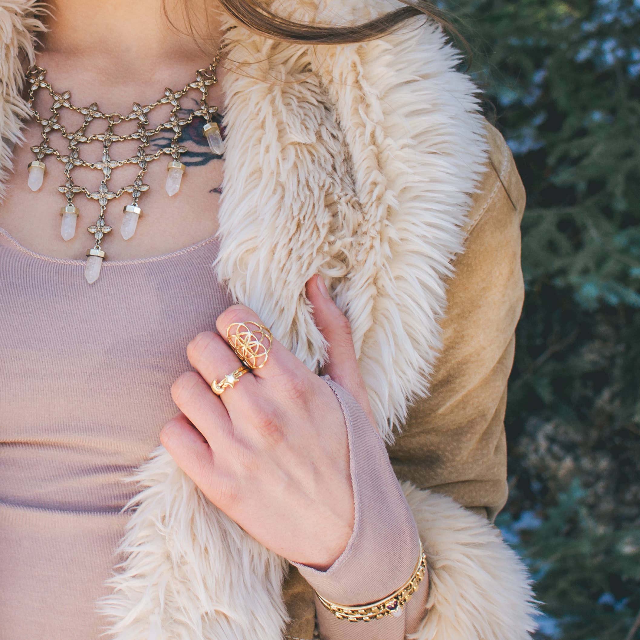 Hiouchi Jewels | Rose & Bolt Grateful Dead Jewelry - Wholesale Cocktail/Statement Ring - Seed of Life Ring | Gold7