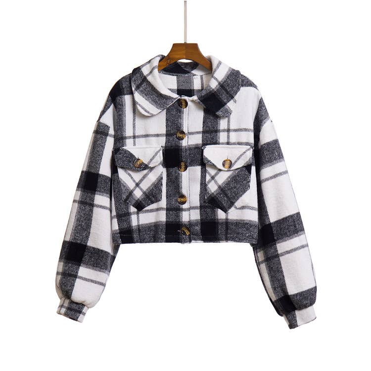 Rosa Clothing - Wholesale Shirt Jacket/Shacket - Women's - Plaid Balloon Sleeve Cropped Shirt Jacket5