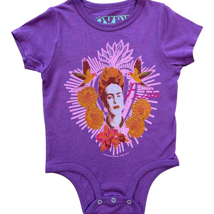 Frida Kahlo Marigold Onesie - Plum for wholesale by Rowdy Sprout
