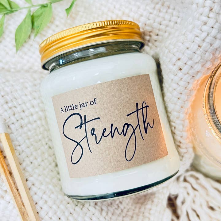 A little jar of strength handmade soy scented candle for wholesale by Lollyrocket Candles Limited