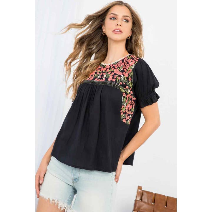 BLACK Short Puff Sleeve Embroidered Top for wholesale on Faire