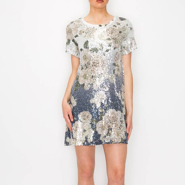 LINED ALL SEQUIN SHORT TUNIC DRESS-4691SIL-DD NV FL for wholesale by Origami Apparel ~ Lace and Crochet inspired