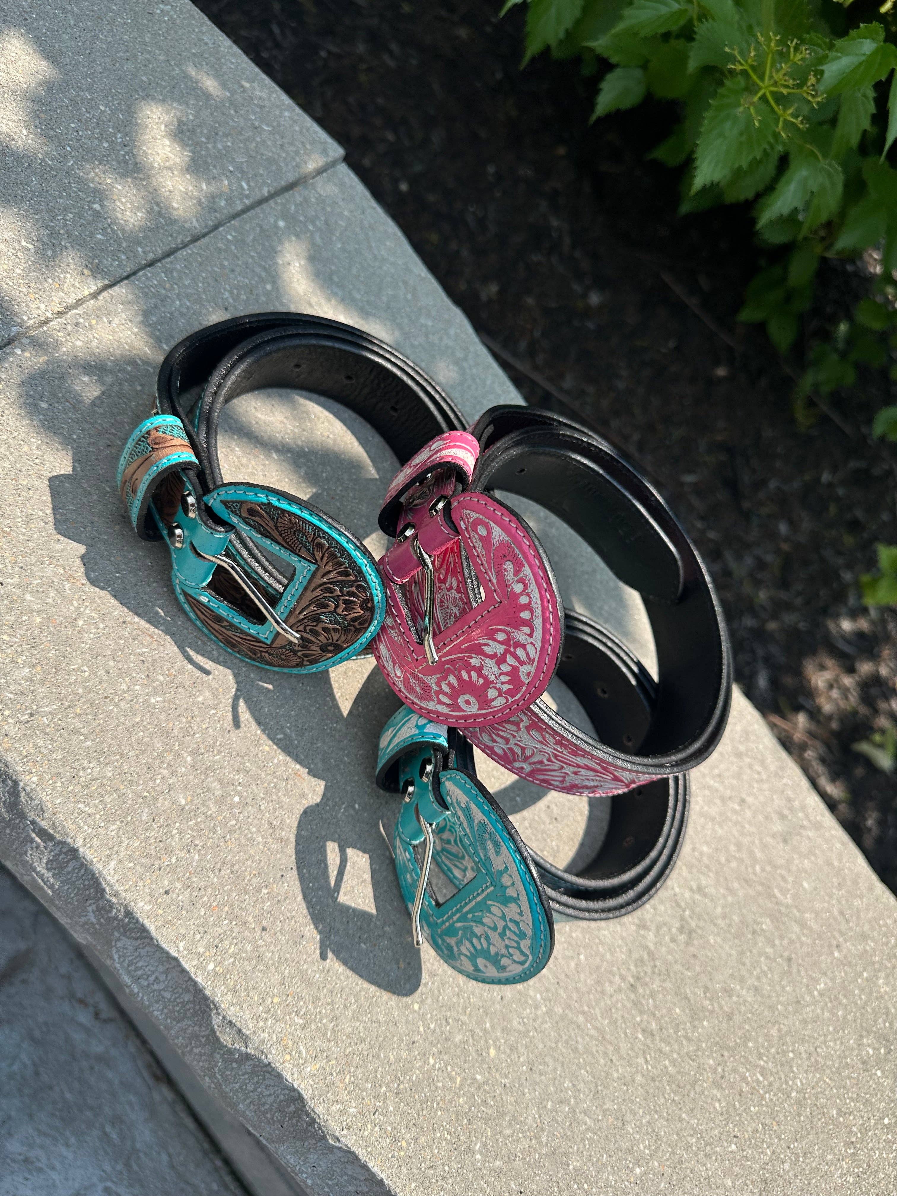 BDN Boutique - Wholesale Belt - Women's - Hand Tooled Genuine Leather Wide Rounded Buckles Belt *3colors1