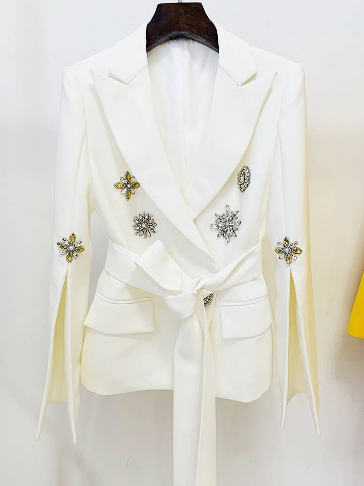 White BL077 Diamond Belted Blazer with Beaded Elegance for wholesale on Faire